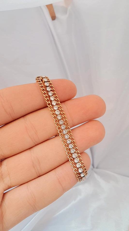 Tennis curb chain stainless steel bracelet - gold