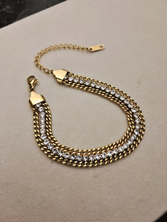 Tennis curb chain stainless steel bracelet - gold