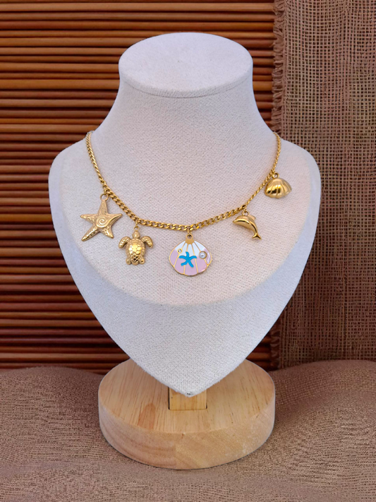 rose shell with blue starfish summer necklace with five charms