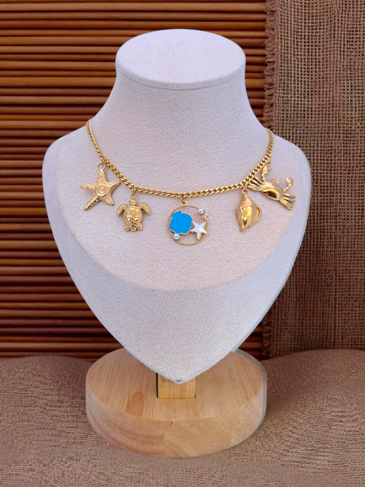 blue shell with white starfish summer necklace with five charms