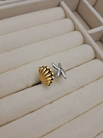 Sea shell & star fish stainless steel ring - mix color