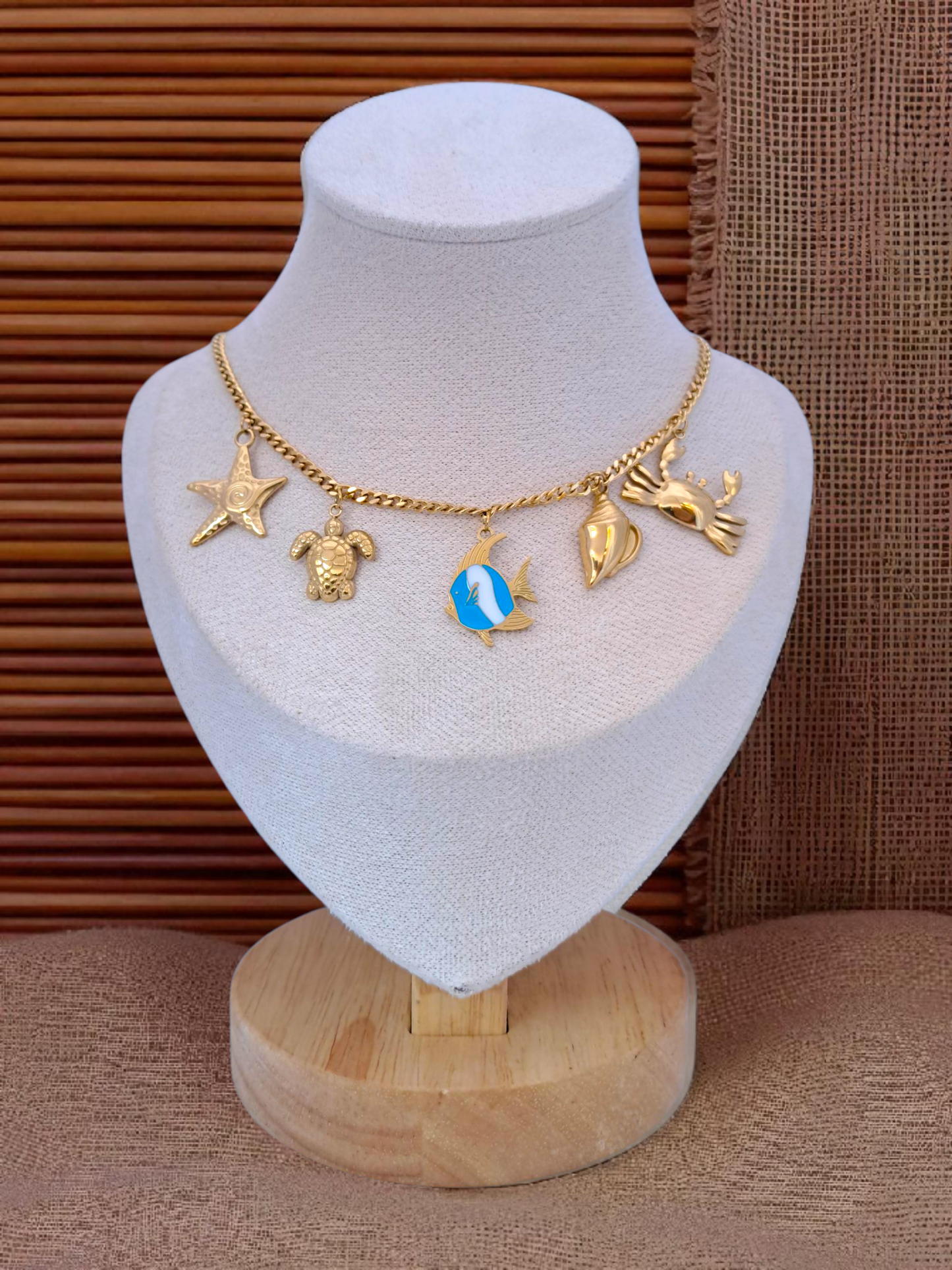 blue fish summer necklace with five charms