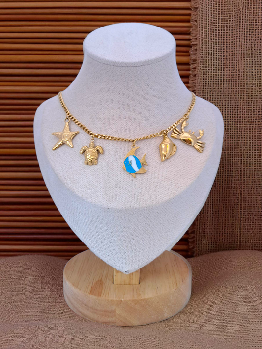blue fish summer necklace with five charms