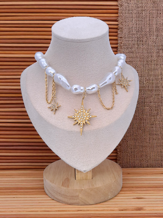 pearls necklace North star charm with white strass